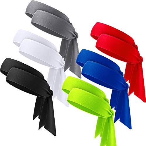 12 Pieces Tennis Tie Headband Hair Band Unisex Dry Head Tie Sport Tie Back Headband for Basketball, Running, Tennis, Karate, Athletics (Black, Red, Dark Gray, White, Royal Blue, Fluorescent Yellow)