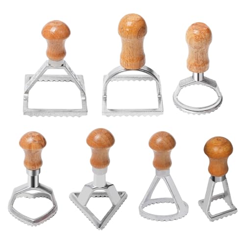 Grebest Pasta Molds Cookie 7 Pcs Food Grade Stainless Steel Cooking with Wooden Handle Shape Makers Ravioli Cutters More Baking Tools for Perfectly Shaped 7pcs