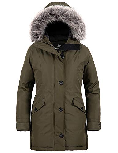 wantdo Women's Parka Faux Fur Hooded Parka Military Winter Coat Army Green L