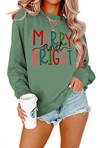 MODNTOGA Women's Merry and Bright Crewneck Sweatshirt Long Sleeve Merry Christmas Sweatshirt Retro Fall Winter Pullover Tops (Green, M)