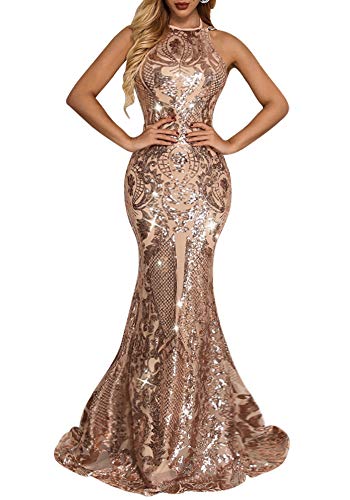 Yissang Women's Halter Floral Lace Sequined Sparkle Party Evening Cocktail Mermaid Maxi Long Dress Prom Gowns Rose Gold Small