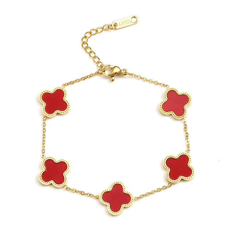 Lucky four-leaf clover flower bracelet, adjustable elegant women's jewelry, girl's gift Korean four-leaf clover five-leaf flower bracelet jewelry,Not fading five four-leaf clover titanium steel bracelet, plated 18K gold fashion classic temperament. (Red four-leaf clover 18K gold, Stainless Steel)