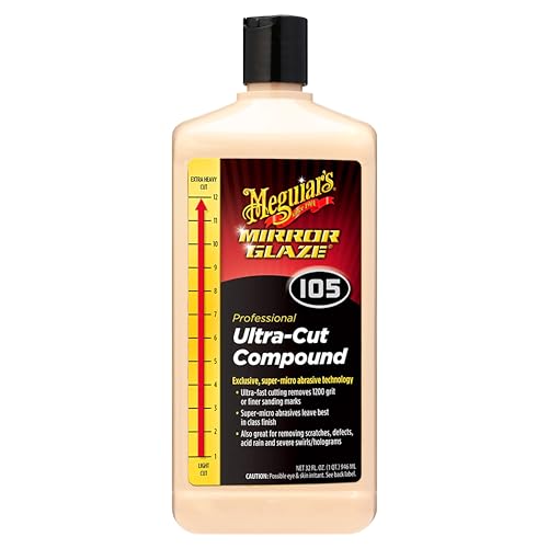 Meguiar’s M105 Mirror Glaze Ultra-Cut Compound, Ultra-Fast Cutting Compound for Cars, Remove Sanding Marks with Our Exclusive Super-Micro Abrasive Technology, 32 oz.