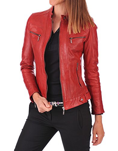 Leather Scan Women's Lambskin Leather Moto Bomber Biker Jacket (Red 129, Large)