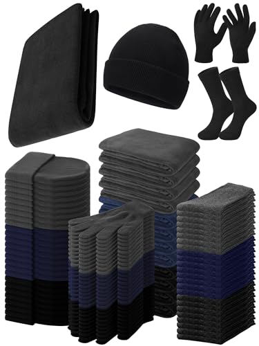 Toulite 120 Pcs Homeless Care Package Supplies Winter Knit Beanies Gloves Socks 50 x 60 Inch Fleece Blankets Bulk for Winter Homeless Care