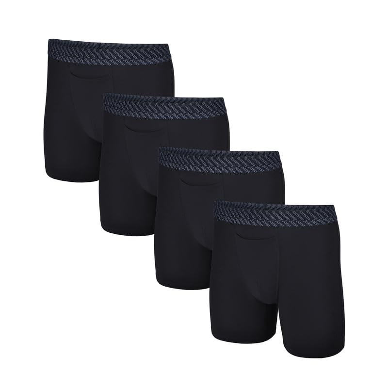 Tommy John Men’s Mid-Length Boxer Brief 6” - 4 pack - Underwear - Cotton Basics Boxers with Supportive Contour Pouch (Black, Large)