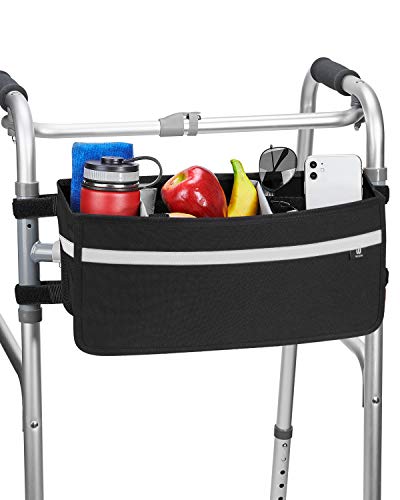 ISSYAUTO Walker Basket, Strap Mount Walker Cup Drink Holder with Two Split Board, Foldable Walker Storage Bag, Best Gift for Family and Friends - Black (Not Fit Rollator Walkers)
