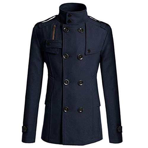 Men's Notch Lapel Double Breasted Long Trench Coat Casual Cotton Blend Peacoat Winter Long Jacket(Navy,XL)