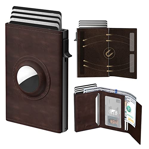Mens Wallet Card Holder for AirTag: Leather Smart Wallet for Men Compatible with Apple Air Tag, RFID Blocking, Slim, Carbon Fiber, Minimalist - 9-14 Card Capacity | ID Window | Cash Slot (Brown)