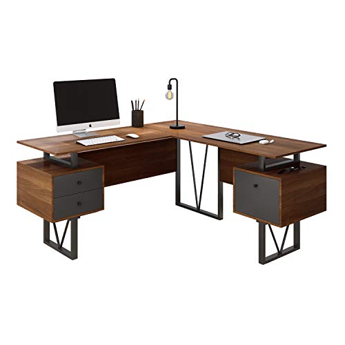 Techni Mobili Reversible Modern Versatile L Shaped Drawers and File Cabinet Home Office Desk, 59' W x 57.3' D x 30' H, Brown, Grey