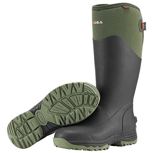 HISEA Rubber Rain Boots for Men, Waterproof Insulated Neoprene Hunting Boots, Durable Anti-Slip Outdoor Mud Boots for Hunting Gardening Farming Fishing Yard Working, Adjustable Calf, Size 11 Green