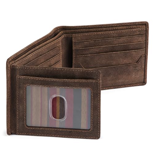 BULL GUARD RFID Mens Bifold Leather Wallet with 2 ID Windows Premium Security Full Grain Leather High Capacity Credit Card Wallet