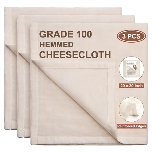 Cheese Cloths, 3PCS Precut 20x20 Inch, Grade 100 Hemmed Cheesecloth for Straining Cooking, Fine Mesh Cloth Strainer Reusable, 100% Unbleached Cotton Muslin Cloth for Juicing Baking Cheese Making