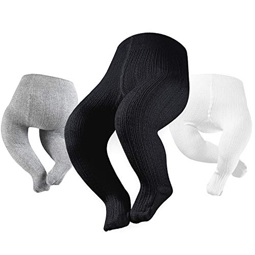 Petrass Baby Girls Cable Knitted Tights Infant Full-Footed Seamless Cotton Tights New-born Girls Seamless Leggings (Black/Ivory/Grey, 0-3 Months)