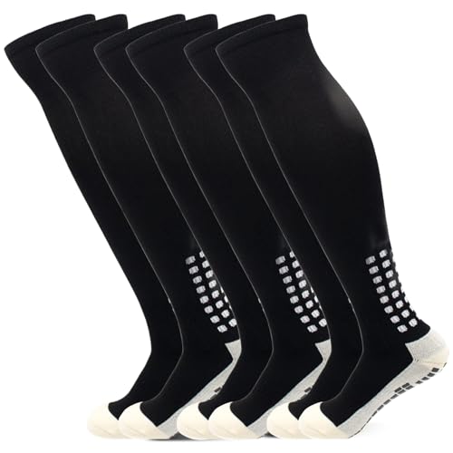 Yufree Men's Soccer Socks Anti Slip Knee Socks Non Slip Grip Pads for Football Basketball Sports Grip Socks Black, 3 Pair