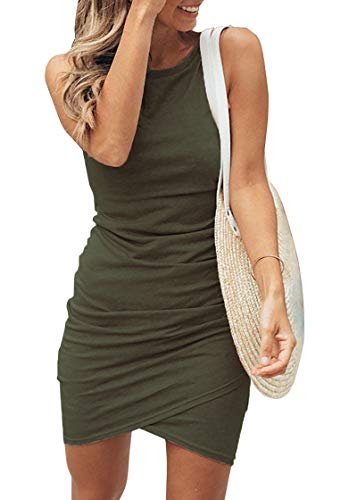 BTFBM Women 2024 Summer Sleeveless Tank Dresses Crew Neck Slim Fit Short Casual Ruched Bodycon Party Club Mini Dress(Dark Green 2, Large)