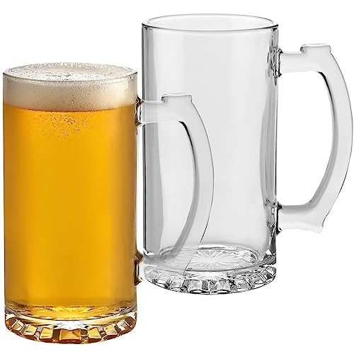 PARNOO Glass Beer Mug - Traditional 25 oz. Giant Beer Stein with Handles - Heavy-Duty Clear Drinking Glassware for Freezer & Refrigerator - Dishwasher-Friendly Beer Glasses Set of 2