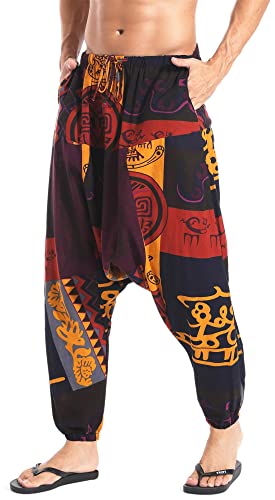 AITFINEISM Mens Casual Harem Pants Loose Hippie Boho Aladdin Yoga Pant (Medium, Orange)