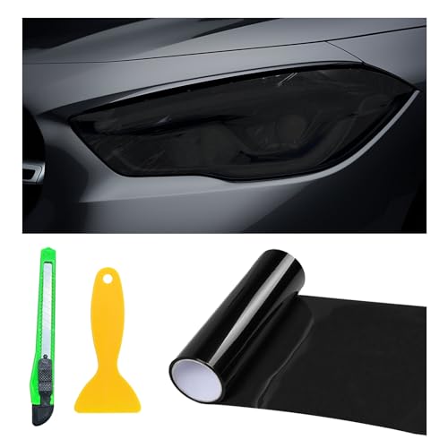 Suvnie 12 × 48 Inch Car Light Tint Film, Shiny Chameleon Headlights Tail Lights Fog Lights Films with Squeeze & Cutter, Self Adhesive Vinyl Film Sticker Sheet Roll Car Accessories (Dark Black)