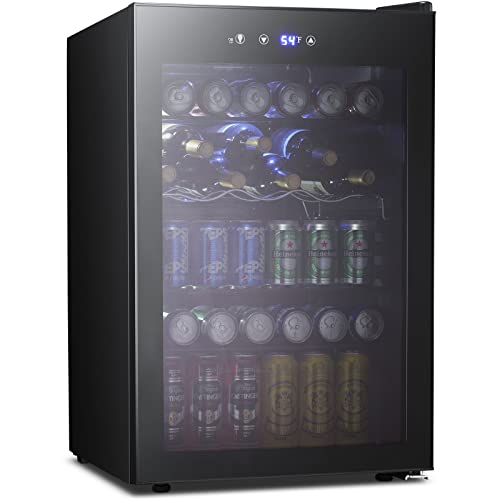 Kismile 4.5 Cu.ft Beverage Refrigerator and Cooler, 145 Can Mini Fridge Glass Door,Digital Temperature Display for Soda, Beer or Wine, Small Drink Dispenser Cooler for Home, Office or Bar(Black)
