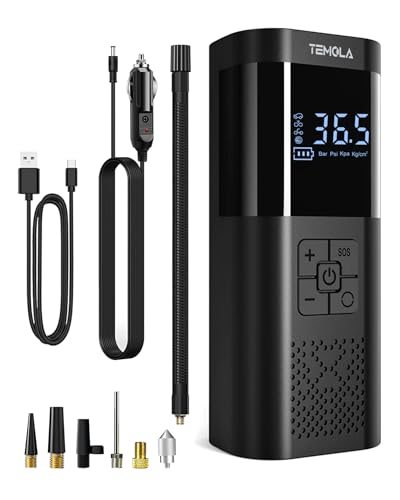 TEMOLA Tire Inflator Portable Air Compressor, Powerful Cordless Tire Inflator with LED Light, Mini Air Pump Car Accessories Essentials for Men, Tire Pump with Pressure Gauge for Car Motorcycle Bicycle