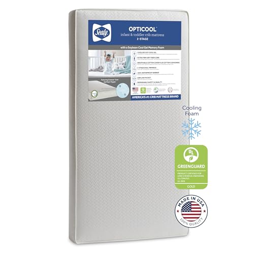 Sealy OptiCool Premium Dual Firm Baby Crib Mattress & Toddler Bed Mattress, Hypoallergenic Breathable Baby Mattress, Sustainable Cool Memory Foam Crib Mattress, Safety Certified, Made in USA, 52'x28'