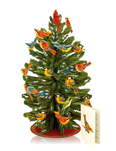 Freshcut Paper Pop Up Winter Tree, 15 inch Fall & Holiday Tree Decoration & Centerpiece with Removable Bird Ornaments, 3D Popup Tree with Blank Christmas Card & Envelope for Christmas Party Decoration