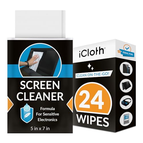 Screen Cleaner Wipes by iCloth – Individually Wrapped – Ideal for Travel Size Toiletries – Streak-Free – Clean Your Phone, iPad, Laptop, Computer Screen and More – 24 Wipes (5' x 7')