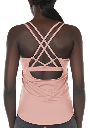 icyzone Workout Tank Tops Built in Bra - Women's Strappy Athletic Yoga Tops, Running Exercise Gym Shirts (L, Pale Blush)