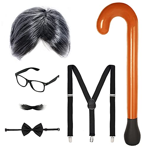 6 Pieces Old Man Costume Kit Include Old Man Wig, Long Faux Beard, Inflatable Cane, Glasses, Suspenders and Bow Tie for Grandpa Costume Cosplay