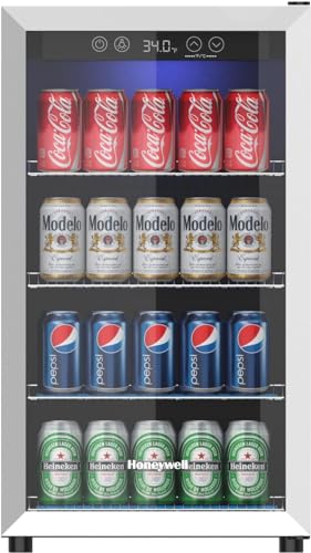 Honeywell Beverage Refrigerator and Cooler, 115 Can Mini Fridge with Glass Door for Soda Beer or Wine for Office or Bar with Adjustable Removable Shelving