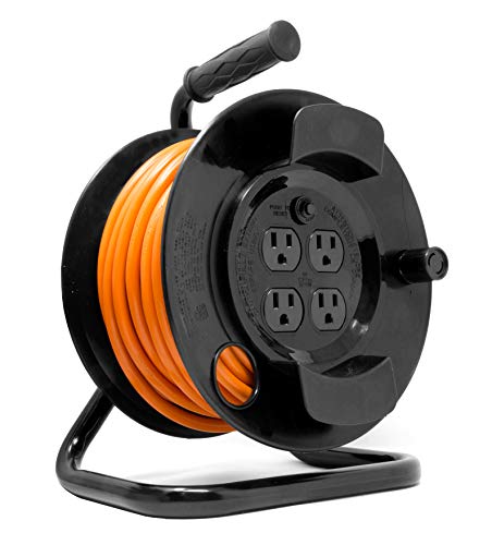 WEN PC5043R 50 ft. 14-Gauge Heavy-Duty SJTW Outdoor 14/3 Extension Cord Reel with NEMA 5-15R Light-Up Power Outlet,Black
