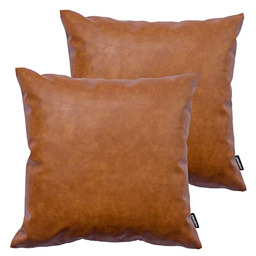 HOMFINER Faux Leather Throw Pillow Covers, 18 x 18 inch Set of 2 Thick Cognac Brown Modern Solid Decorative Square Bedroom Living Room Cushion Cases for Couch Bed Sofa