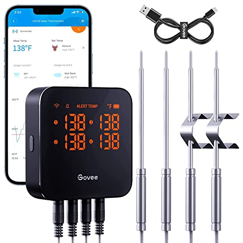 Govee WiFi Meat Thermometer with 4 Probe, Smart Bluetooth Grill Thermometer with Remote App Notification Alert, Digital Rechargeable BBQ Thermometer for Smoker Oven Kitchen