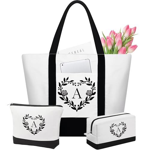 YOOLIFE Birthday Gifts for Women - Cute Canvas Bag Set Makeup Bag Travel Bag Personalized Bridesmaid Proposal Gifts Wedding Christmas Best Friend Birthday Gifts Teacher Gifts for Women Her Initial A