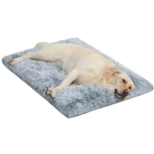 WAYIMPRESS Large Dog Bed Crate Pad Mat for Medium Dogs&Cats,Fluffy Faux Fur Kennel Pad Comfy Self Warming Non-Slip Dog Beds for Pet Sleeping and Anti Anxiety (35x23 Inch, Grey)