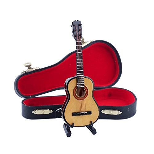 Dselvgvu Wooden Miniature Guitar with Stand and Case Mini Musical Instrument Miniature Dollhouse Model Home Decoration (5.12'x1.85'x0.67')