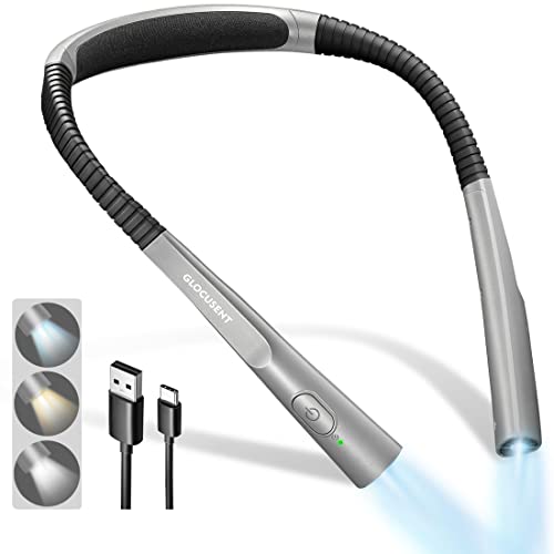 Glocusent Upgraded LED Neck Reading Light, Book Light for Reading in Bed, 30-min Timer, 3 Colors & 3 Brightness Adjustable, Rechargeable & Long Lasting, Perfect for Reading, Knitting (Posh Grey)
