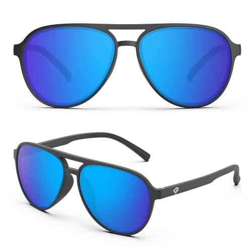TOREGE Aviator Sunglasses Polarized Sunglasses for Men Women Sports Glasses Fishing Boating Beach Golf Driving TR75(Gray&Black&Ice Blue Lens C6)