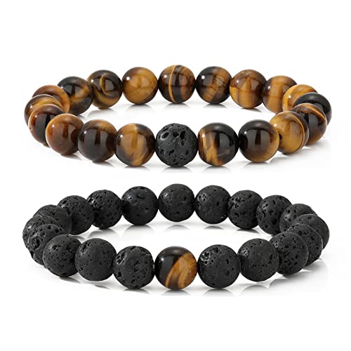 MengPa Mens Beads Bracelet Lava Rock Volcanic Stone Beaded Bracelets (Tiger Eye) US4558C