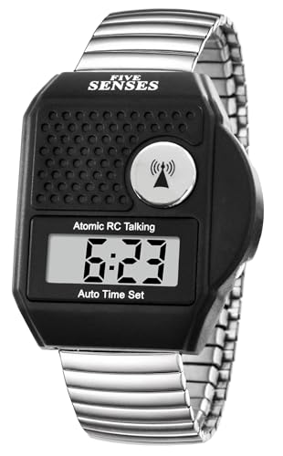 FIVE SENSES - English Atomic Talking Watch, Easy to use for Seniors Blind Men Women, Loud Talking Watch with Sound for Vision Impaired, Watches for Elderly Women, Blind People Products 1095 (Silver)