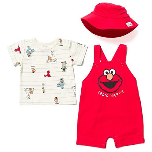 Sesame Street Elmo Infant Baby Boys French Terry Short Overalls T-Shirt and Hat 3 Piece Outfit Set Red/White 18 Months