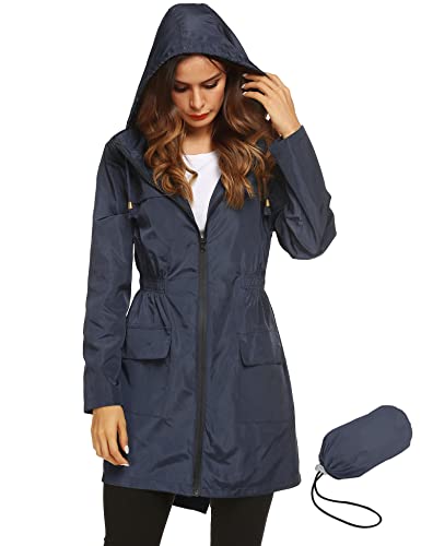 LOMON Women Waterproof Raincoat Hooded Lightweight Windbreaker Outdoor Anorak Jacket Navy Blue S