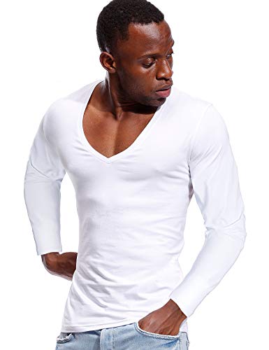 Zbrandy Deep V Neck Shirt Men Long Sleeve Stretch T-Shirt Low Cut Undershirt Tee White L