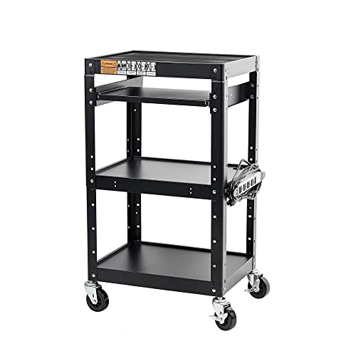 Pearington AV Presentation Cart Stand for Video Projector, TV, Laptop Computers, Printers, Metal Construction Rolling Storage Cart with Adjustable Shelves, 4 Wheels, 4 Outlets, 12ft Cord, Black