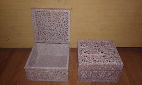 Natural Soapstone Jewelry Storage Box 2 Pcs Hand Carved Under Cut Jali Work Box 5' X 5' Inch ~ Handmade Marble Jewelry Box with multiple use for keeping watch and other small items , valentine gift