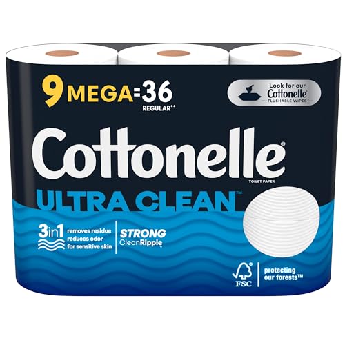 Cottonelle Ultra Clean Toilet Paper, 1-Ply, Strong Toilet Tissue, 9 Mega Rolls (9 Mega Rolls = 36 Regular Rolls), 312 Sheets per Roll, Packaging May Vary