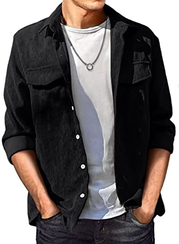JMIERR Men's Corduroy Button-Up Shirts Casual Long Sleeve Fall Shacket Jacket with Flap Pocket for Men, XL, A2 Black