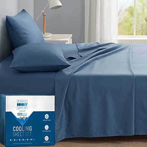 Degrees of Comfort Coolmax Cooling Sheets Set for Full Size Bed, Moisture Wicking for Night Sweats Best Comfort, Cool Sheets for Hot Sleepers During Warm Weather with Deep Pocket, Blue-4PC