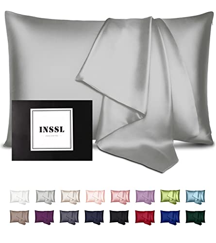 INSSL Silk Pillowcase for Women, Mulberry Silk Pillowcase for Hair and Skin and Stay Comfortable and Breathable During Sleep (Standard, Grey)
